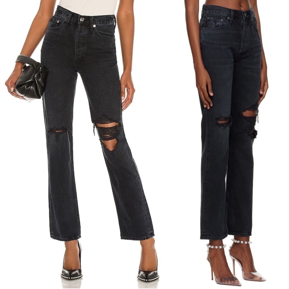 AGOLDE 90s Washed Black Distressed Denim Rip Knee Straight Leg Relaxed Jeans 23 - Picture 6 of 15